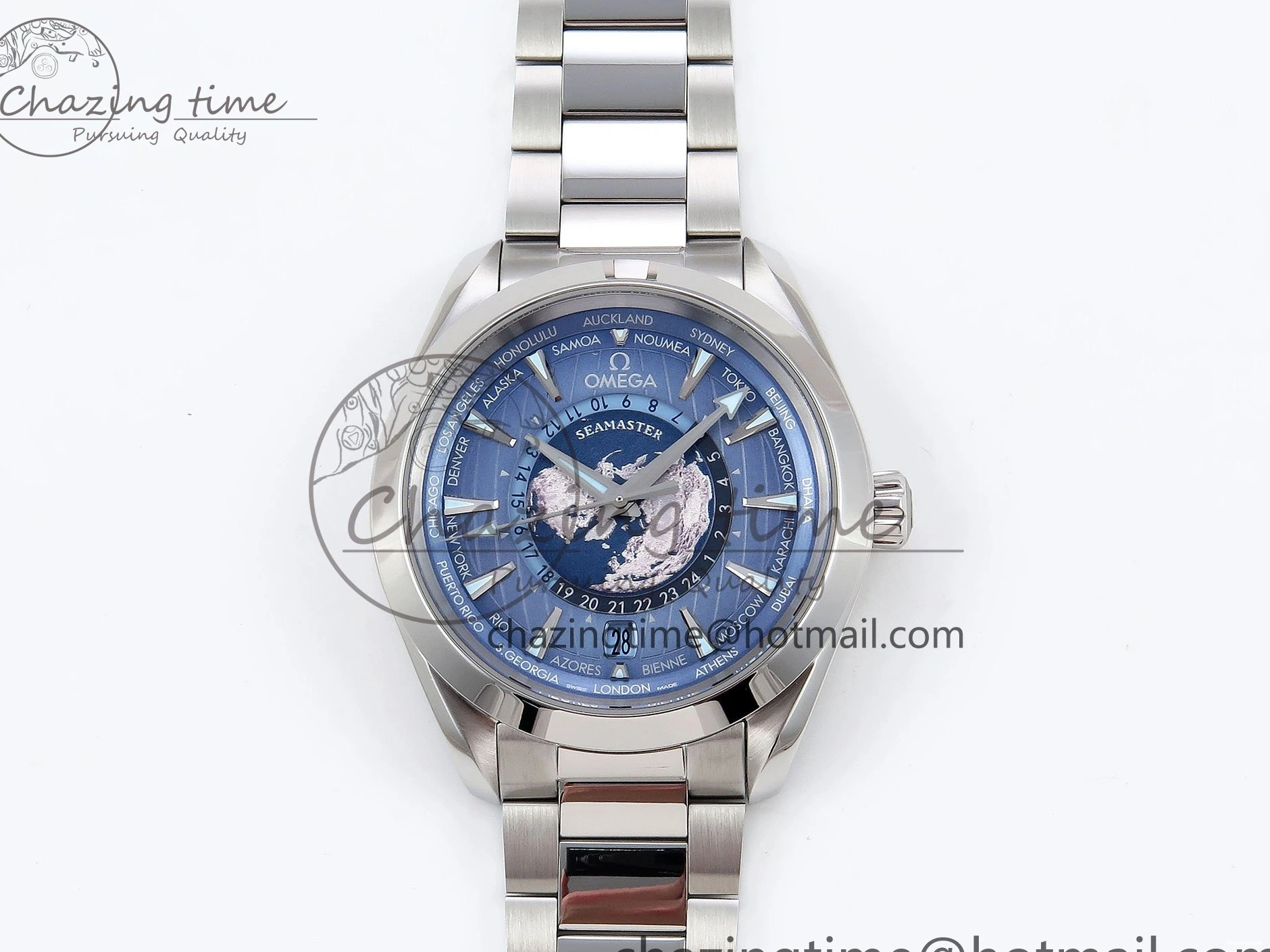 0109 Aqua Terra GMT Worldtimer 43mm VSF 1:1 Best Edition Summer Blue Dial on SS Bracelet A8938 Super Clone FashionForward 7720